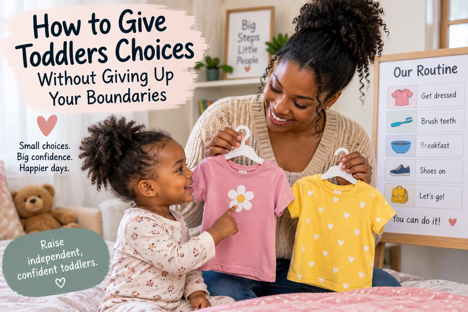 Mother giving toddler two clothing choices during morning routine